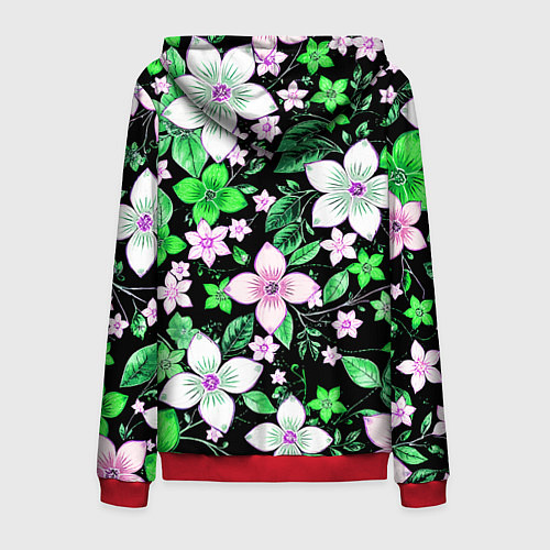 Мужская толстовка на молнии Зелёно-белые цветы на чёрном фоне / 3D-Красный – фото 2