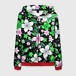 Толстовка 3D на молнии мужская Зелёно-белые цветы на чёрном фоне, цвет: 3D-красный