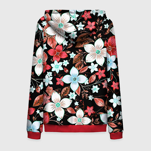 Мужская толстовка на молнии Красно-белые цветы на чёрном фоне / 3D-Красный – фото 2
