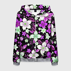 Толстовка 3D на молнии мужская Фиолетово-белые цветы на чёрном фоне, цвет: 3D-меланж
