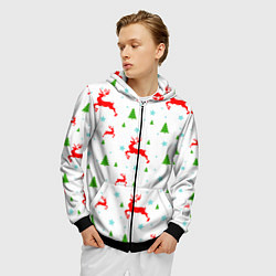Толстовка 3D на молнии мужская Новогодние олени с ёлками, цвет: 3D-черный — фото 2