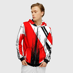 Толстовка 3D на молнии мужская Вертикальные чёрные линии на красно-белом фоне, цвет: 3D-черный — фото 2