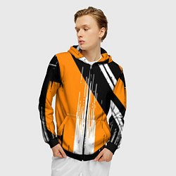 Толстовка 3D на молнии мужская Вертикальные чёрные линии на оранжево-белом фоне, цвет: 3D-черный — фото 2