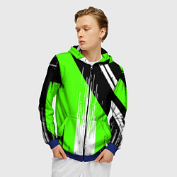 Толстовка 3D на молнии мужская Вертикальные чёрные линии на зелёно-белом фоне, цвет: 3D-синий — фото 2