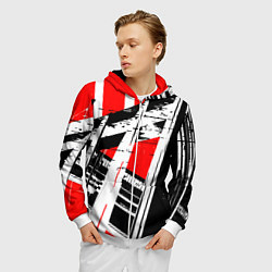 Толстовка 3D на молнии мужская Чёрно-белые абстрактные линии на красном фоне, цвет: 3D-белый — фото 2