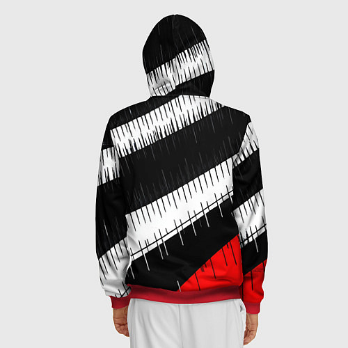 Мужская толстовка на молнии Диагональные чёрно-белые полосы на красном фоне / 3D-Красный – фото 4