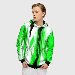 Толстовка 3D на молнии мужская Вертикальные чёрно-белые линии на зелёном фоне, цвет: 3D-черный — фото 2