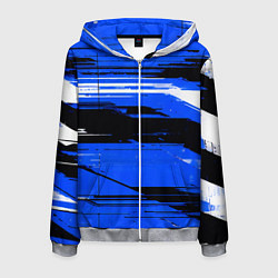 Толстовка 3D на молнии мужская Горизонтальные чёрно-белые линии на синем фоне, цвет: 3D-меланж