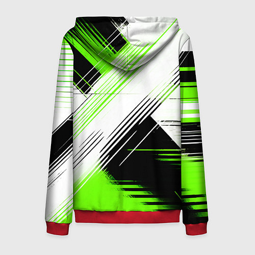 Мужская толстовка на молнии Диагональные бело-зелёные линии на чёрном фоне / 3D-Красный – фото 2