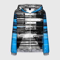 Толстовка 3D на молнии мужская Горизонтальные чёрные линии на бело-синем фоне, цвет: 3D-меланж