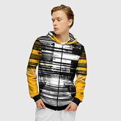 Толстовка 3D на молнии мужская Горизонтальные чёрные линии на бело-жёлтом фоне, цвет: 3D-черный — фото 2