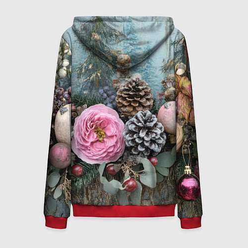 Мужская толстовка на молнии Новогодние цветы и шишки / 3D-Красный – фото 2