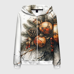 Толстовка 3D на молнии мужская Новогодние игрушки и шишки, цвет: 3D-белый