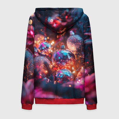 Мужская толстовка на молнии Новогодние шары и фиолетовые блески / 3D-Красный – фото 2