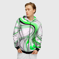 Толстовка 3D на молнии мужская Волнистые чёрно-зелёные линии на белом фоне, цвет: 3D-черный — фото 2
