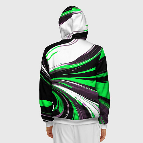 Мужская толстовка на молнии Волнистые чёрно-зелёные линии на белом фоне / 3D-Белый – фото 4