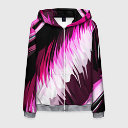 Толстовка 3D на молнии мужская Бело-розовые острые полосы на чёрном фоне, цвет: 3D-меланж