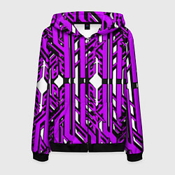 Толстовка 3D на молнии мужская Чёрно-фиолетовые техно полосы на белом фоне, цвет: 3D-черный