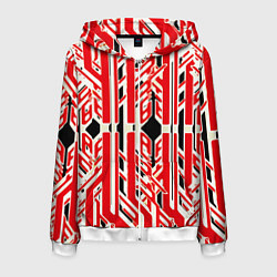 Толстовка 3D на молнии мужская Бело-красные техно полосы на чёрном фоне, цвет: 3D-белый