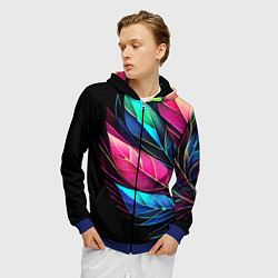 Толстовка 3D на молнии мужская Букет из цветных перьев - неон, цвет: 3D-синий — фото 2