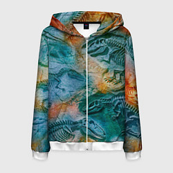 Толстовка 3D на молнии мужская Окаменелые динозавры, тропический зеленый, цвет: 3D-белый