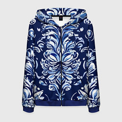 Толстовка 3D на молнии мужская Гжель русский орнамент королевский синий, цвет: 3D-синий