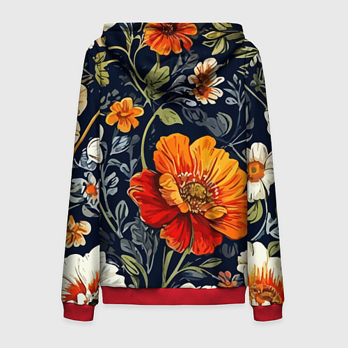 Мужская толстовка на молнии Маки и пионы старинный паттерн / 3D-Красный – фото 2