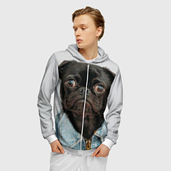 Толстовка 3D на молнии мужская Мопс в джинсовке - голова групно, цвет: 3D-белый — фото 2