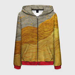 Толстовка 3D на молнии мужская Золотые волны на сером текстура, цвет: 3D-красный