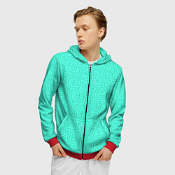 Толстовка 3D на молнии мужская Лабиринтовый паттерн с иероглифами на бирюзе, цвет: 3D-красный — фото 2