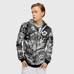 Толстовка 3D на молнии мужская С котами и рыбой на фоне сакуры в волнах, цвет: 3D-черный — фото 2