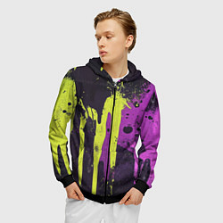 Толстовка 3D на молнии мужская Желтая и фиолетовая краска на черном, цвет: 3D-черный — фото 2