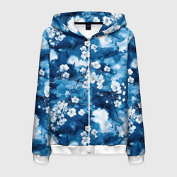 Толстовка 3D на молнии мужская Цветы белой сакуры - паттерн на синем фоне, цвет: 3D-белый