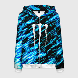 Толстовка 3D на молнии мужская Monster energy штрихи голубых неоновых красок, цвет: 3D-белый