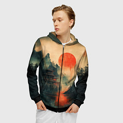 Толстовка 3D на молнии мужская Старый Японский монастырь, цвет: 3D-черный — фото 2