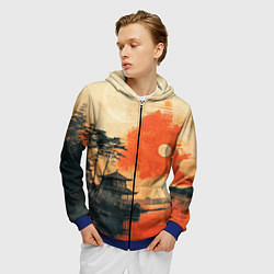 Толстовка 3D на молнии мужская Рыбацкий дом на закате, цвет: 3D-синий — фото 2