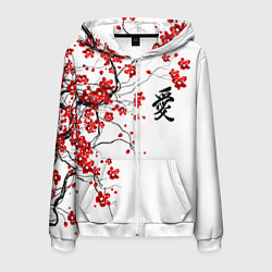 Толстовка 3D на молнии мужская Сакура с иероглифом Любовь, цвет: 3D-белый