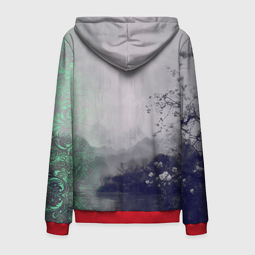 Мужская толстовка на молнии Рыбацкий домик на берегу озера / 3D-Красный – фото 2