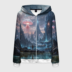 Толстовка 3D на молнии мужская Фантастический мир с медузами и озеро у гор, цвет: 3D-белый