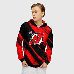 Толстовка 3D на молнии мужская Нью Джерси Девилз - красные потертости, цвет: 3D-черный — фото 2