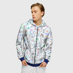 Толстовка 3D на молнии мужская Белый в рисованный цветочек, цвет: 3D-синий — фото 2
