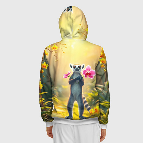 Мужская толстовка на молнии Лемур несёт орхидеи для любимой / 3D-Белый – фото 4