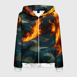 Толстовка 3D на молнии мужская Огонь на камуфляжной ткани, цвет: 3D-белый