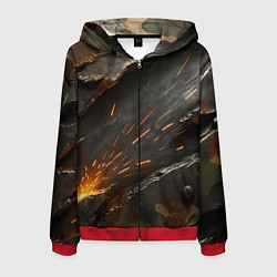 Толстовка 3D на молнии мужская Искры метала под камуфляжем, цвет: 3D-красный