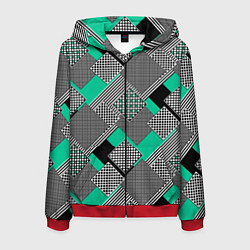 Толстовка 3D на молнии мужская Черно бирюзовая абстрактная геометрия пэчворк, цвет: 3D-красный