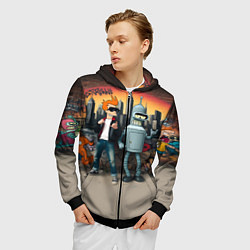 Толстовка 3D на молнии мужская Фрай и Бендер на фоне стены с граффити, цвет: 3D-черный — фото 2