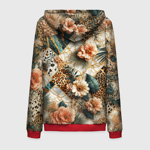 Мужская толстовка на молнии Цветы на кусках мрамора и леопардовом узоре / 3D-Красный – фото 2