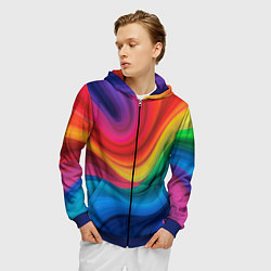 Толстовка 3D на молнии мужская Смесь ярких красок волнистыми линиями, цвет: 3D-синий — фото 2