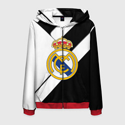 Толстовка 3D на молнии мужская Реал Мадрид черно белые полосы, цвет: 3D-красный