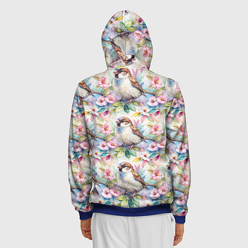Мужская толстовка на молнии Воробей в ярких цветах паттерн / 3D-Синий – фото 4